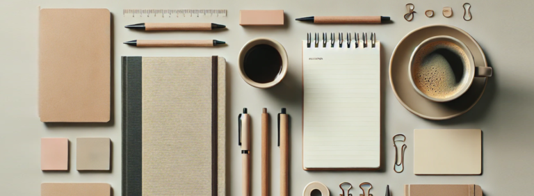 Minimalistic desk layout with notebooks, pens, sticky notes, and a coffee cup on a neutral surface