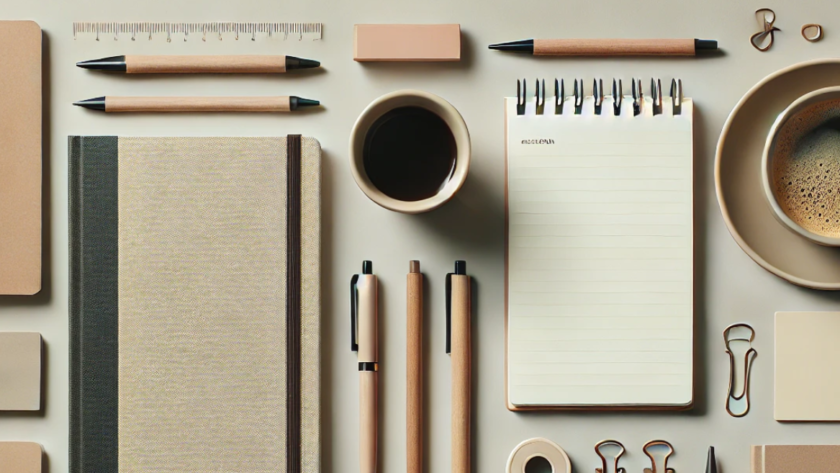 Minimalistic desk layout with notebooks, pens, sticky notes, and a coffee cup on a neutral surface